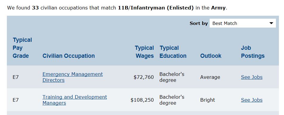 image of Veterans Job Matcher results