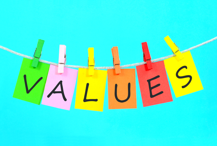Values spelled out on sticky pads on clothesline