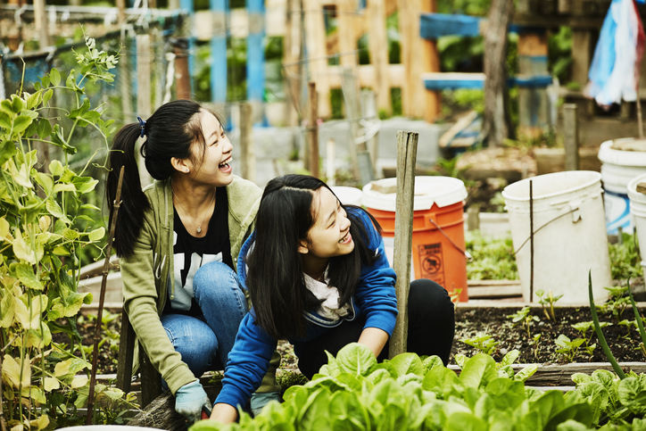 Two young female students working in a community garden