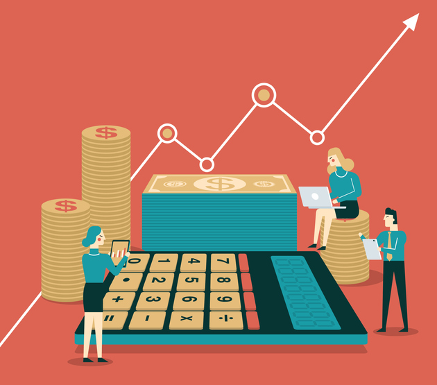 graphic image of calculator, stack of money